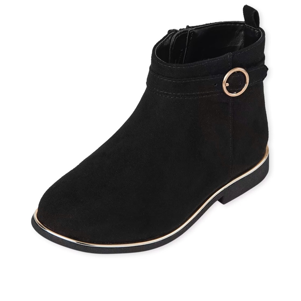 100% microsuede. Inside zipper
Buckle detail 
Pull-tab at back
Man made outsole